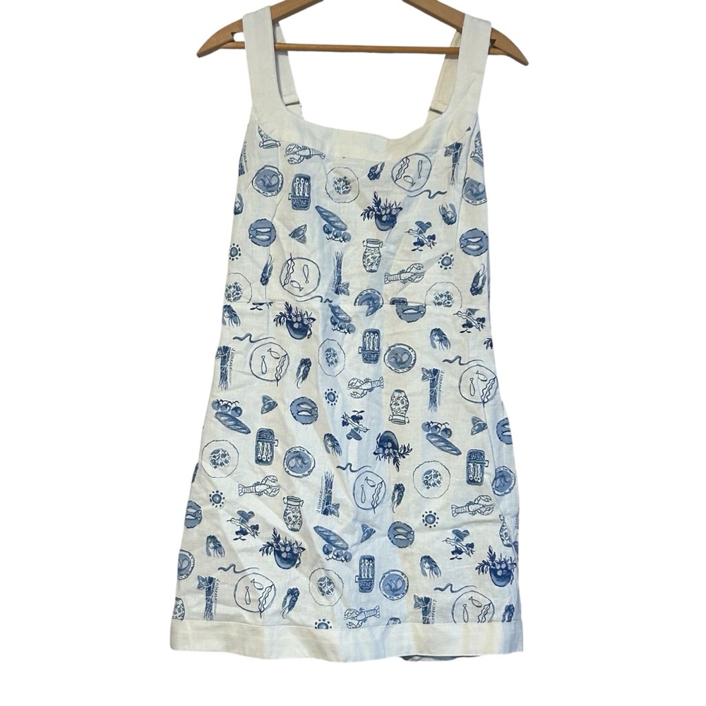 Abercrombie & Fitch Linen Blend Wide Strap Mini Dress Size Large Food Blue White - Picture 2 of 5